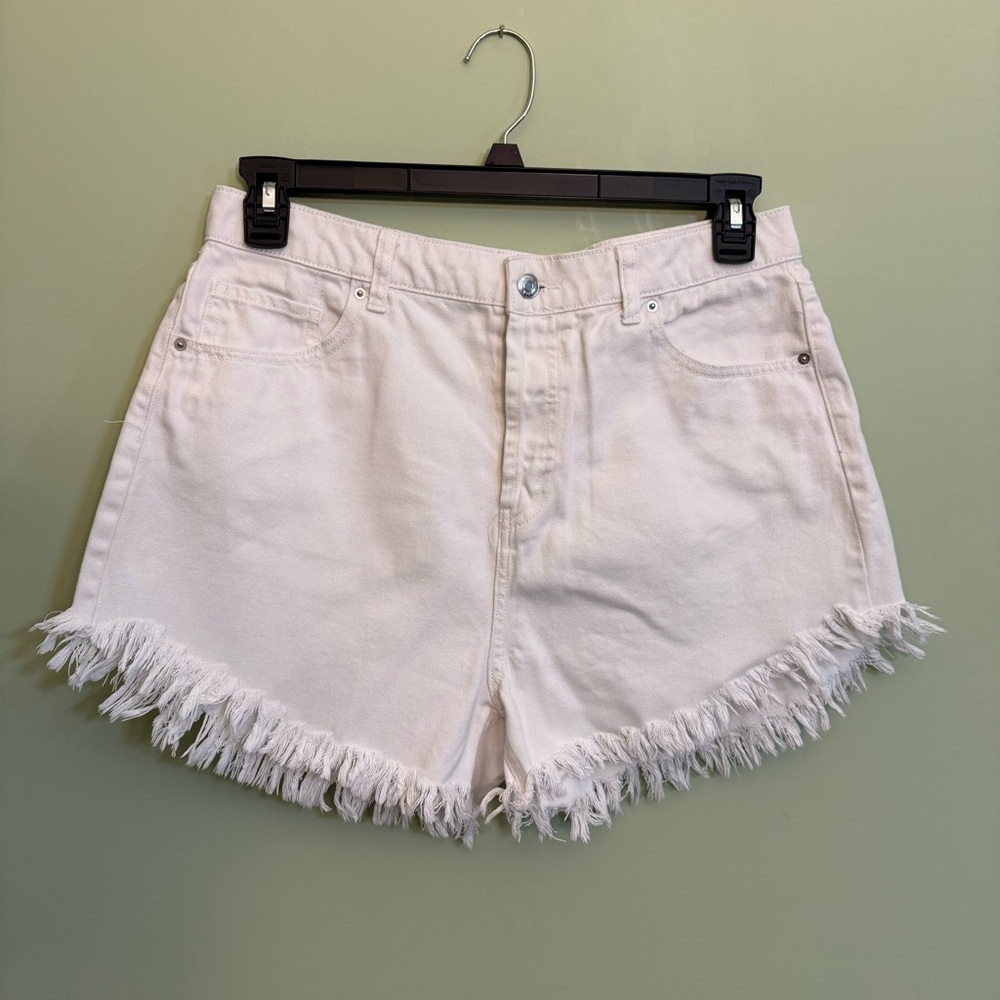 Wild Fable Women High Rise White jean‎ Shorts Button Fly Fringe hem size 12